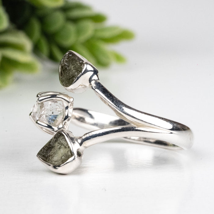 Moldavite + Herkimer Diamond Ring 5mm - 7mm Size 7 .925 Silver - InnerVision Crystals
