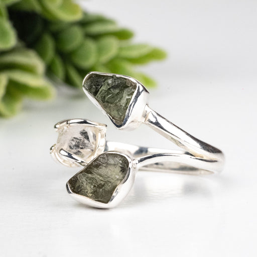 Moldavite + Herkimer Diamond Ring 5mm - 7mm Size 7 .925 Silver - InnerVision Crystals