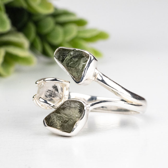 Moldavite + Herkimer Diamond Ring 5mm - 7mm Size 7 .925 Silver - InnerVision Crystals