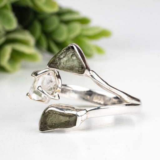 Moldavite + Herkimer Diamond Ring 5mm - 7mm Size 7 .925 Silver - InnerVision Crystals