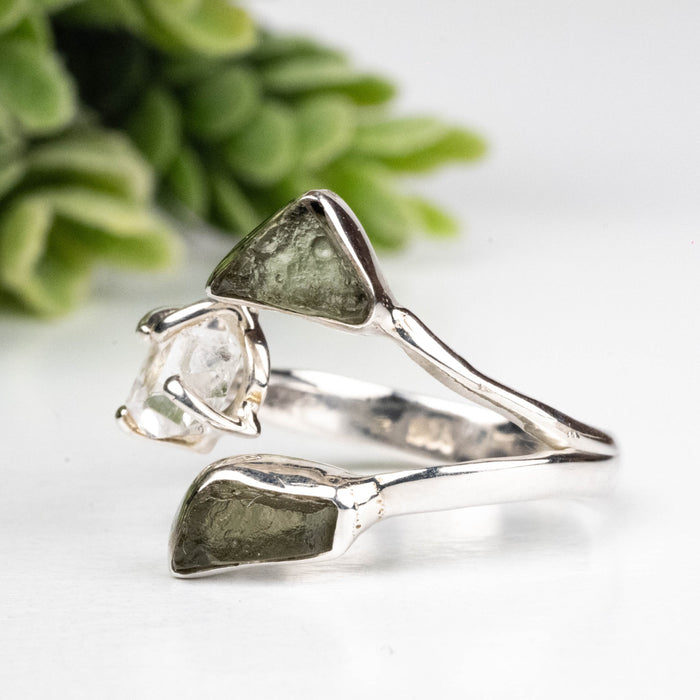 Moldavite + Herkimer Diamond Ring 5mm - 7mm Size 7 .925 Silver - InnerVision Crystals