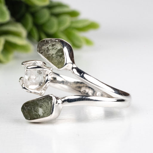 Moldavite + Herkimer Diamond Ring 5mm - 7mm Size 7 .925 Silver - InnerVision Crystals
