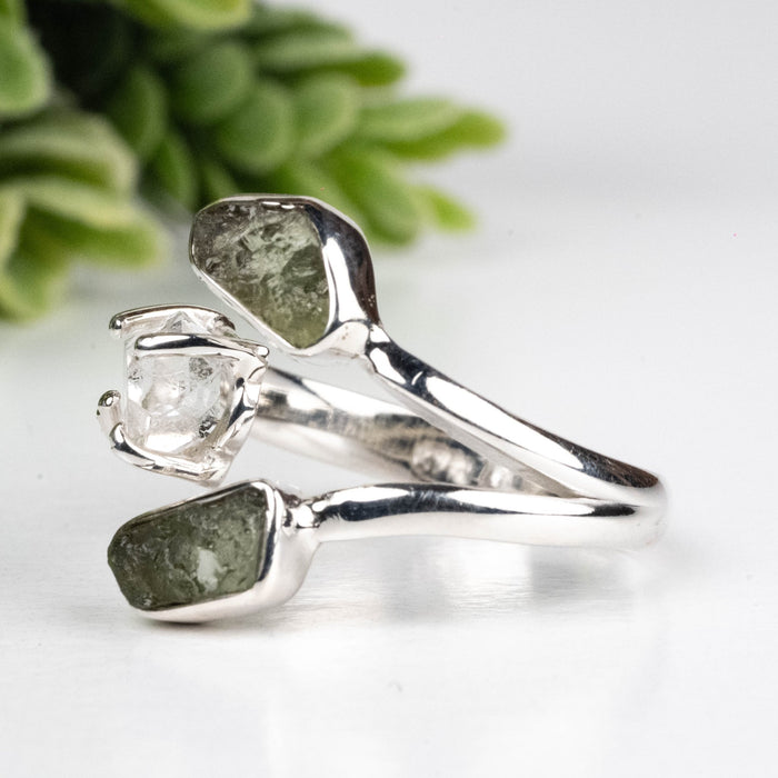 Moldavite + Herkimer Diamond Ring 5mm - 7mm Size 7 .925 Silver - InnerVision Crystals
