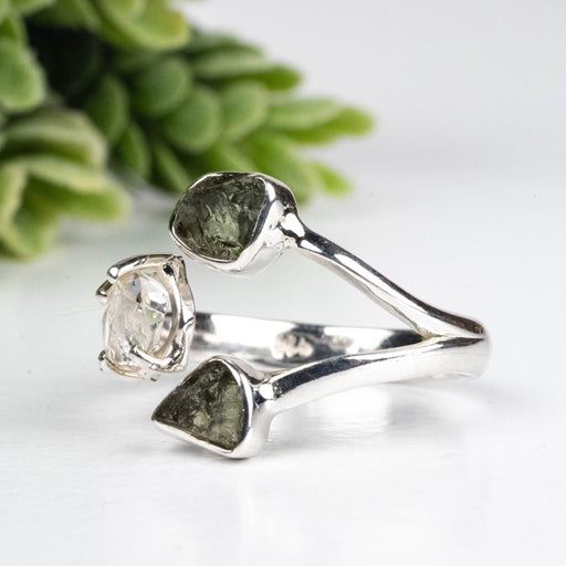 Moldavite + Herkimer Diamond Ring 5mm - 7mm Size 7 .925 Silver - InnerVision Crystals
