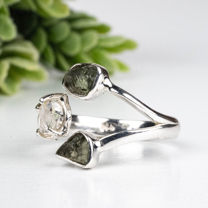 Moldavite + Herkimer Diamond Ring 5mm - 7mm Size 7 .925 Silver - InnerVision Crystals