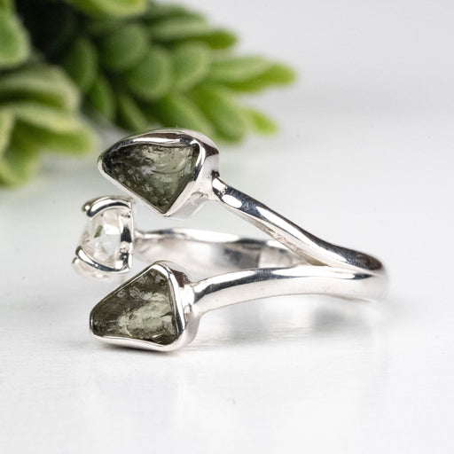 Moldavite + Herkimer Diamond Ring 5mm - 7mm Size 7 .925 Silver - InnerVision Crystals