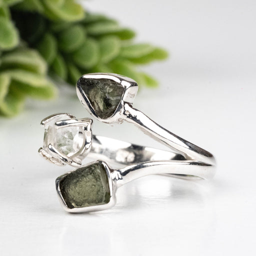Moldavite + Herkimer Diamond Ring 5mm - 7mm Size 7 .925 Silver - InnerVision Crystals