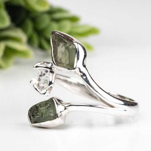 Moldavite + Herkimer Diamond Ring 5mm - 7mm Size 7 .925 Silver - InnerVision Crystals