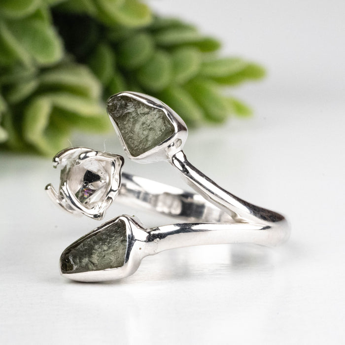 Moldavite + Herkimer Diamond Ring 5mm - 7mm Size 7 .925 Silver - InnerVision Crystals