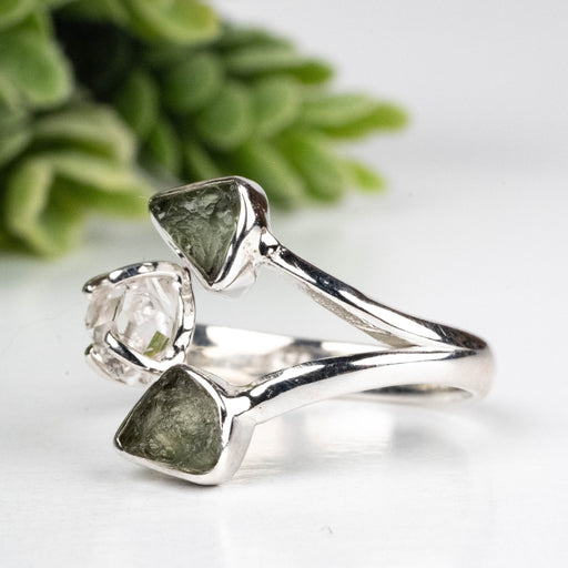 Moldavite + Herkimer Diamond Ring 5mm - 7mm Size 7 .925 Silver - InnerVision Crystals