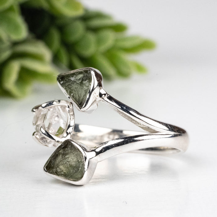 Moldavite + Herkimer Diamond Ring 5mm - 7mm Size 7 .925 Silver - InnerVision Crystals