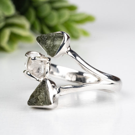 Moldavite + Herkimer Diamond Ring 5mm - 7mm Size 7 .925 Silver - InnerVision Crystals