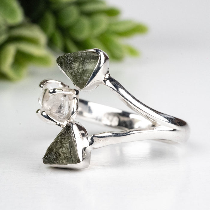 Moldavite + Herkimer Diamond Ring 5mm - 7mm Size 7 .925 Silver - InnerVision Crystals