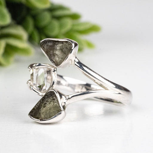 Moldavite + Herkimer Diamond Ring 5mm - 7mm Size 7 .925 Silver - InnerVision Crystals