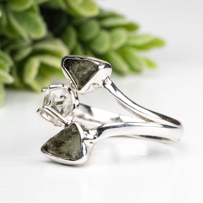 Moldavite + Herkimer Diamond Ring 5mm - 7mm Size 7 .925 Silver - InnerVision Crystals