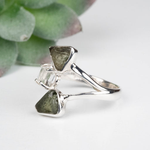 Moldavite + Herkimer Diamond Ring 5mm - 7mm Size 8 .925 Silver - InnerVision Crystals
