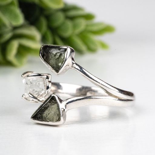 Moldavite + Herkimer Diamond Ring 5mm - 7mm Size 8 .925 Silver - InnerVision Crystals