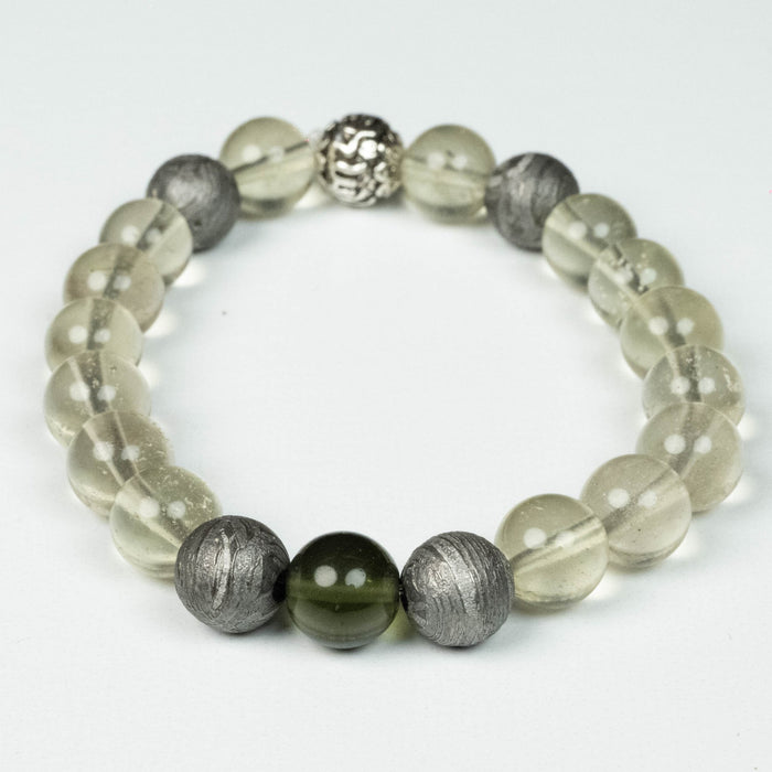 Moldavite + Libyan Desert Glass + Meteorite + Silver OM 8mm Bead Bracelet 6" - InnerVision Crystals
