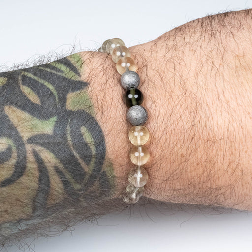 Moldavite + Libyan Desert Glass + Meteorite + Silver OM 8mm Bead Bracelet 6" - InnerVision Crystals