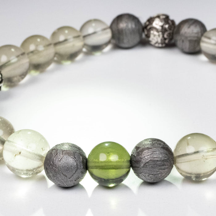 Moldavite + Libyan Desert Glass + Meteorite + Silver OM 8mm Bead Bracelet 7.5" - InnerVision Crystals