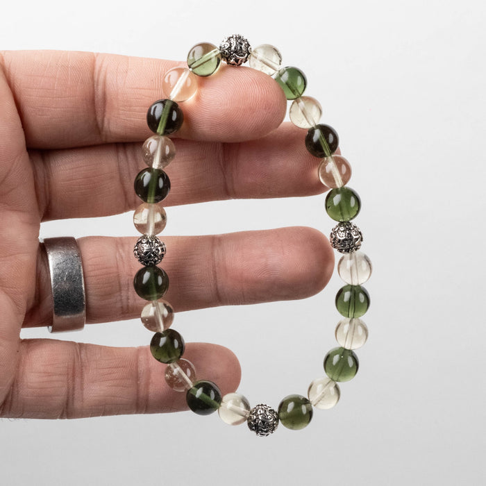 Moldavite + Libyan Desert Glass + Silver OM Bead Bracelet 8.25" - InnerVision Crystals