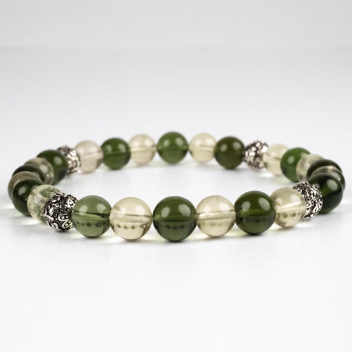 Moldavite + Libyan Desert Glass + Silver OM Bead Bracelet 8.25" - InnerVision Crystals