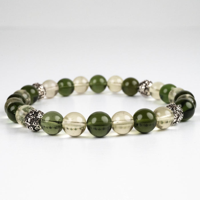 Moldavite + Libyan Desert Glass + Silver OM Bead Bracelet 8.25" - InnerVision Crystals