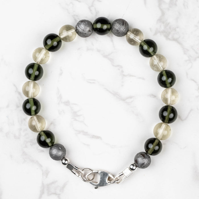 Moldavite + Meteorite + Libyan Desert Glass Bead Bracelet 7.5" - InnerVision Crystals