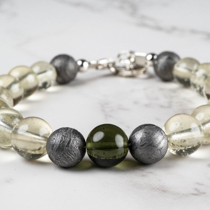 Moldavite + Meteorite + Libyan Desert Glass Bead Bracelet 7.5" .925 Silver - InnerVision Crystals