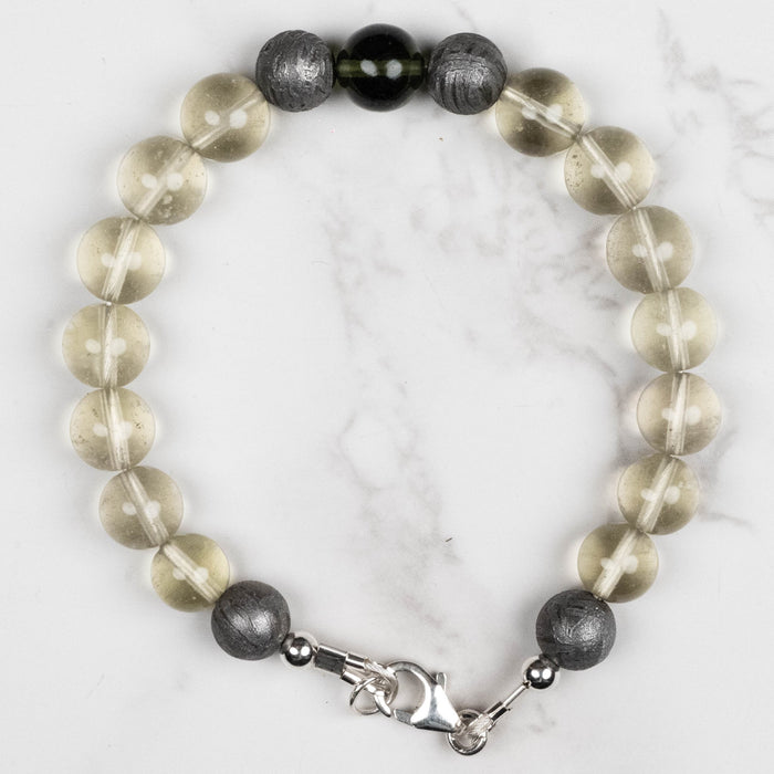 Moldavite + Meteorite + Libyan Desert Glass Bead Bracelet 7.5" .925 Silver - InnerVision Crystals