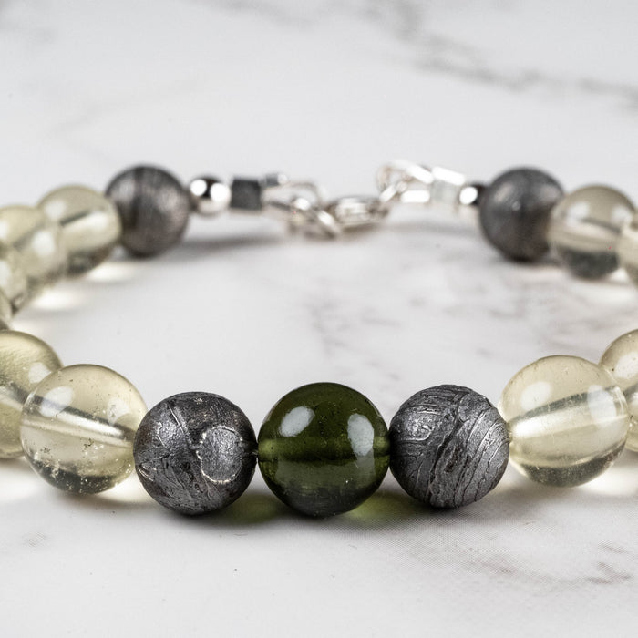 Moldavite + Meteorite + Libyan Desert Glass Bead Bracelet 7.5" .925 Silver - InnerVision Crystals