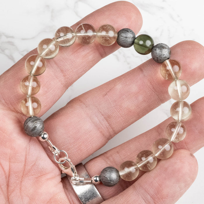 Moldavite + Meteorite + Libyan Desert Glass Bead Bracelet 7.5" .925 Silver - InnerVision Crystals