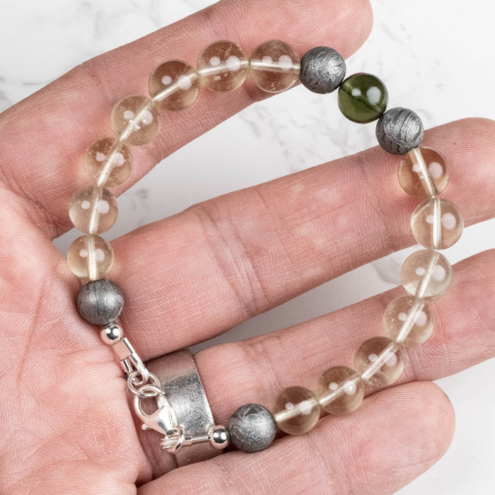 Moldavite + Meteorite + Libyan Desert Glass Bead Bracelet 7.5" .925 Silver - InnerVision Crystals