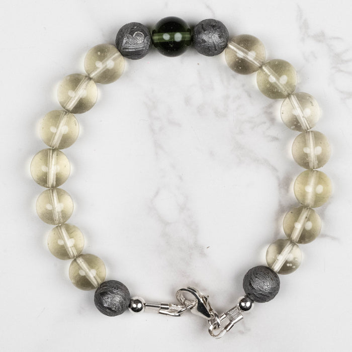 Moldavite + Meteorite + Libyan Desert Glass Bead Bracelet 7.5" .925 Silver - InnerVision Crystals