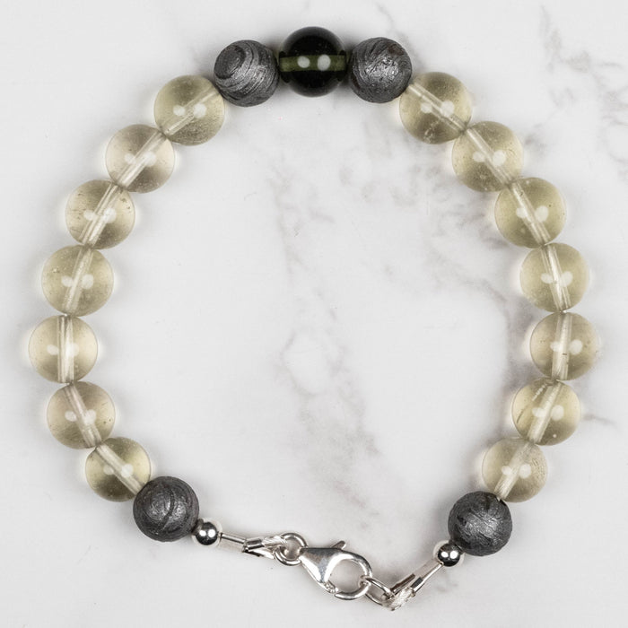 Moldavite + Meteorite + Libyan Desert Glass Bead Bracelet 7.5" .925 Silver - InnerVision Crystals