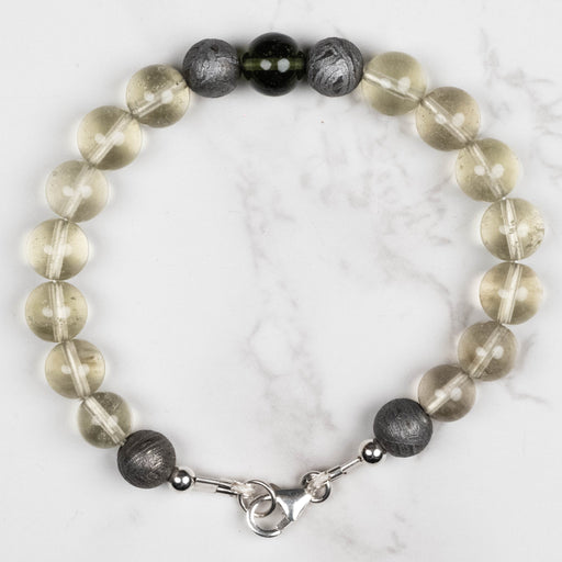 Moldavite + Meteorite + Libyan Desert Glass Bead Bracelet 7.5" .925 Silver - InnerVision Crystals