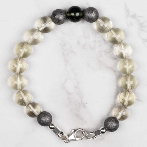 Moldavite + Meteorite + Libyan Desert Glass Bead Bracelet 7.5" .925 Silver - InnerVision Crystals