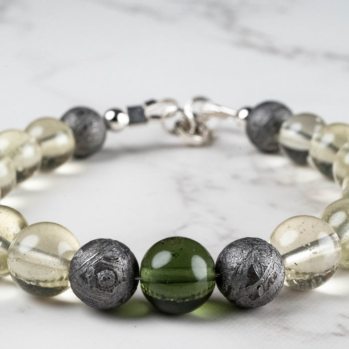 Moldavite + Meteorite + Libyan Desert Glass Bead Bracelet 7.5" .925 Silver - InnerVision Crystals