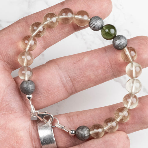 Moldavite + Meteorite + Libyan Desert Glass Bead Bracelet 7.5" .925 Silver - InnerVision Crystals