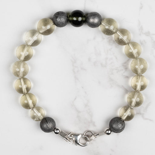 Moldavite + Meteorite + Libyan Desert Glass Bead Bracelet 7.5" .925 Silver - InnerVision Crystals