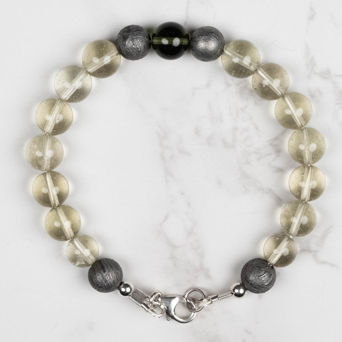 Moldavite + Meteorite + Libyan Desert Glass Bead Bracelet 7.5" .925 Silver - InnerVision Crystals