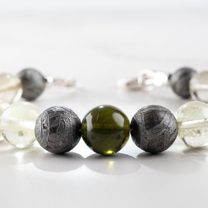 Moldavite + Meteorite + Libyan Desert Glass Bead Bracelet 7.5" .925 Silver - InnerVision Crystals