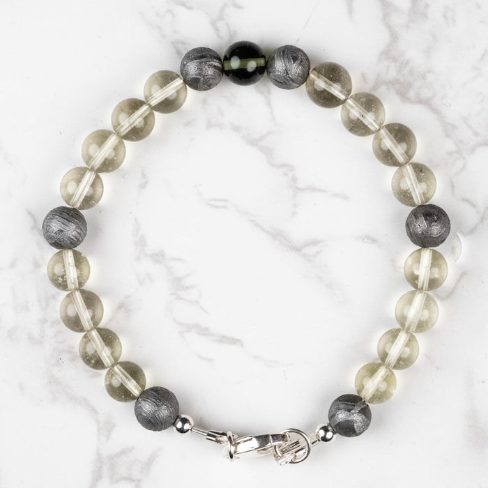 Moldavite + Meteorite + Libyan Desert Glass Bead Bracelet 8" - InnerVision Crystals