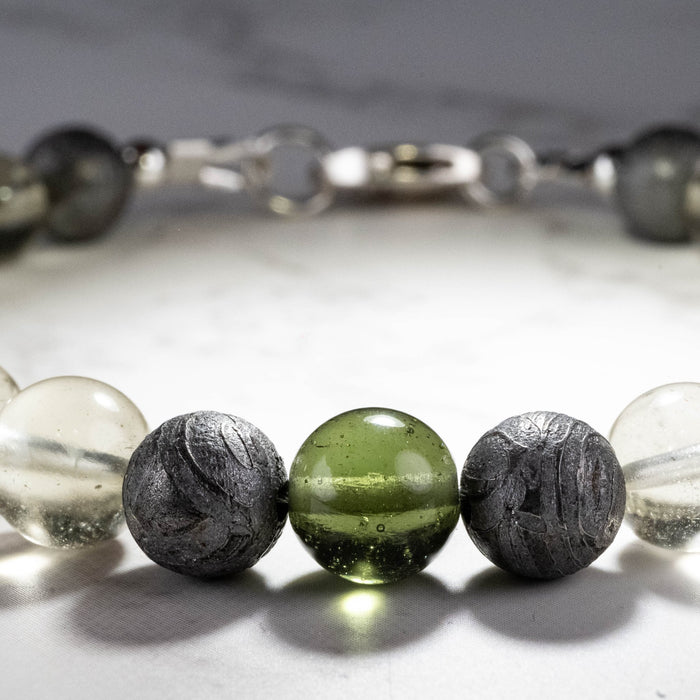 Moldavite + Meteorite + Libyan Desert Glass Bead Bracelet 8" - InnerVision Crystals