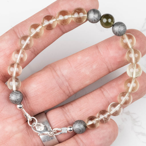Moldavite + Meteorite + Libyan Desert Glass Bead Bracelet 8" .925 Silver - InnerVision Crystals