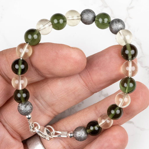 Moldavite + Meteorite + Libyan Desert Glass Bead Bracelet 8" .925 Silver - InnerVision Crystals