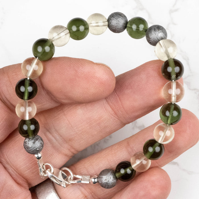 Moldavite + Meteorite + Libyan Desert Glass Bead Bracelet 8" .925 Silver - InnerVision Crystals