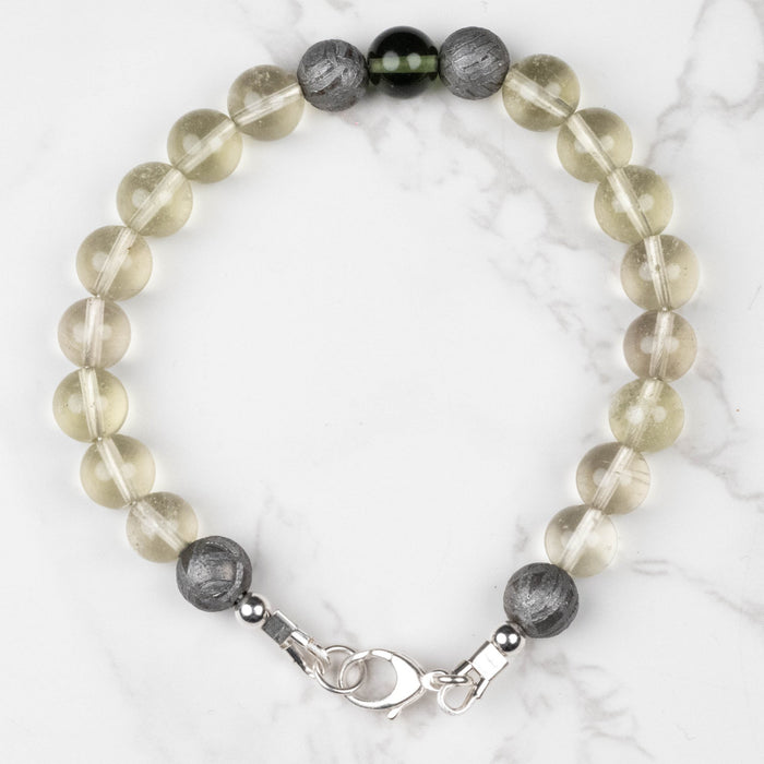 Moldavite + Meteorite + Libyan Desert Glass Bead Bracelet 8" .925 Silver - InnerVision Crystals