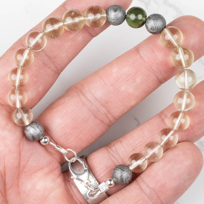 Moldavite + Meteorite + Libyan Desert Glass Bead Bracelet 8" .925 Silver - InnerVision Crystals