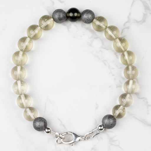 Moldavite + Meteorite + Libyan Desert Glass Bead Bracelet 8" .925 Silver - InnerVision Crystals